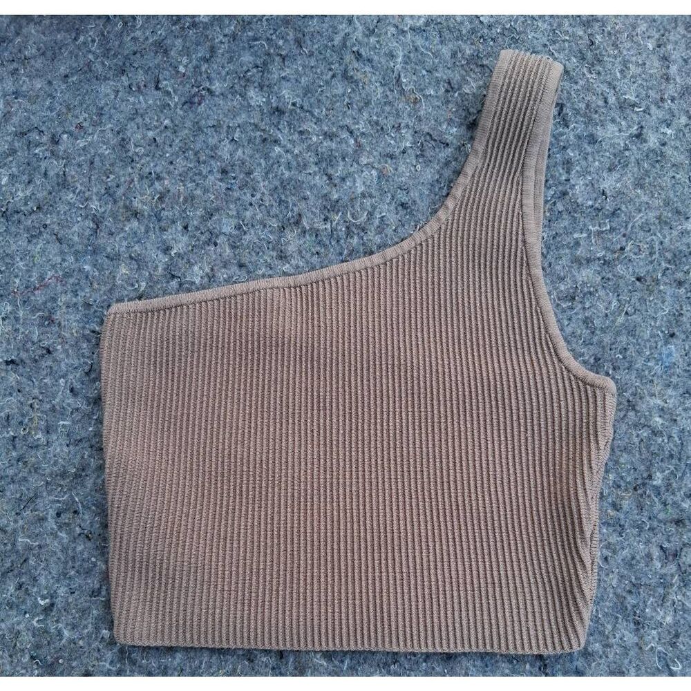 Babaton womens small crop boxy top ribbed stretch tan sand beige